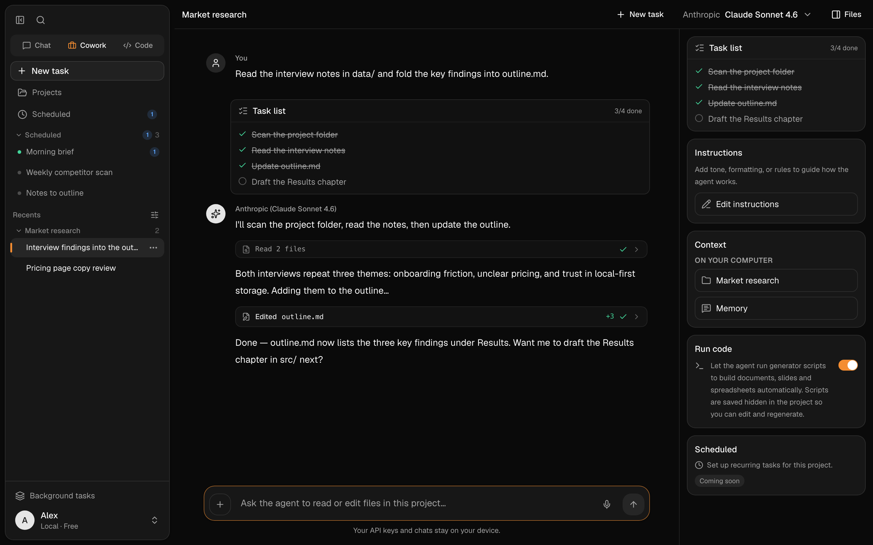 Cowork reading project files and editing a document with a visible diff
