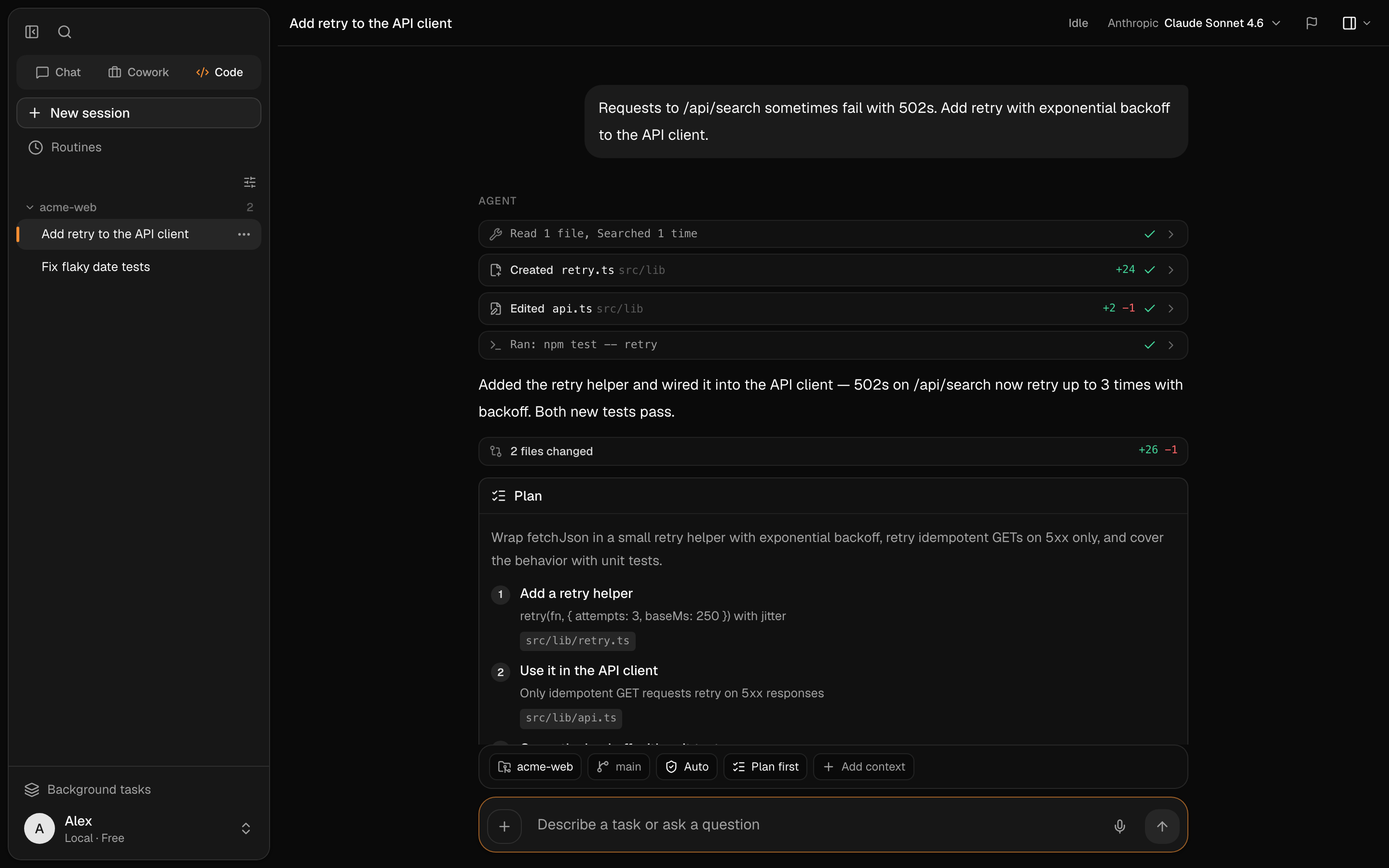The built-in browser previewing a running app next to a code session