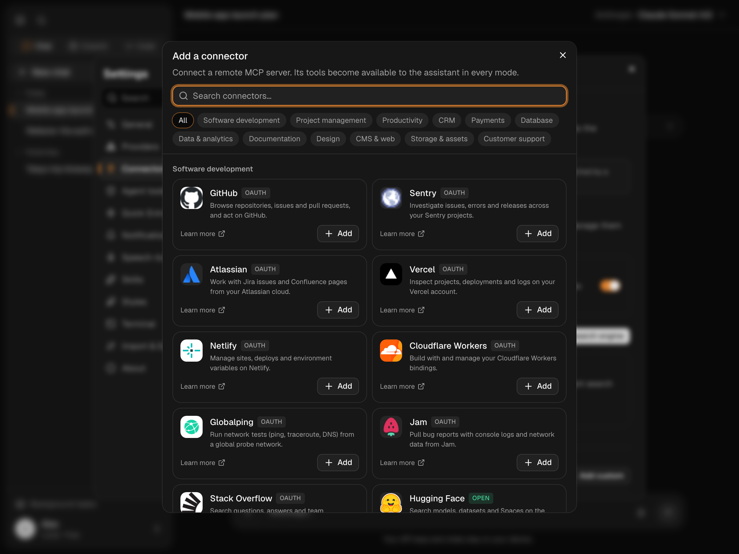 The connector catalog with categories and one-click connect