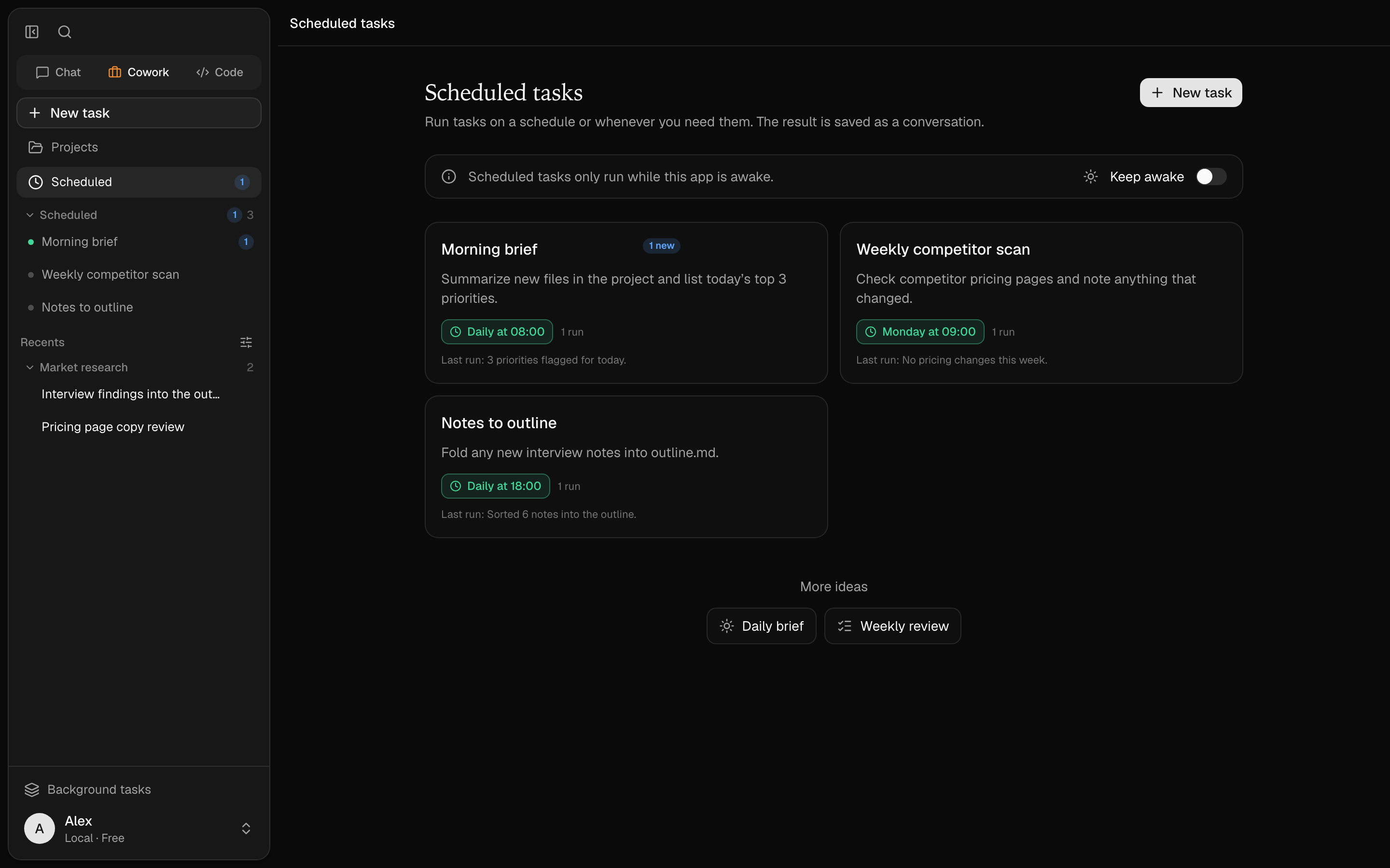 The Scheduled tasks screen with routine cards and their run history