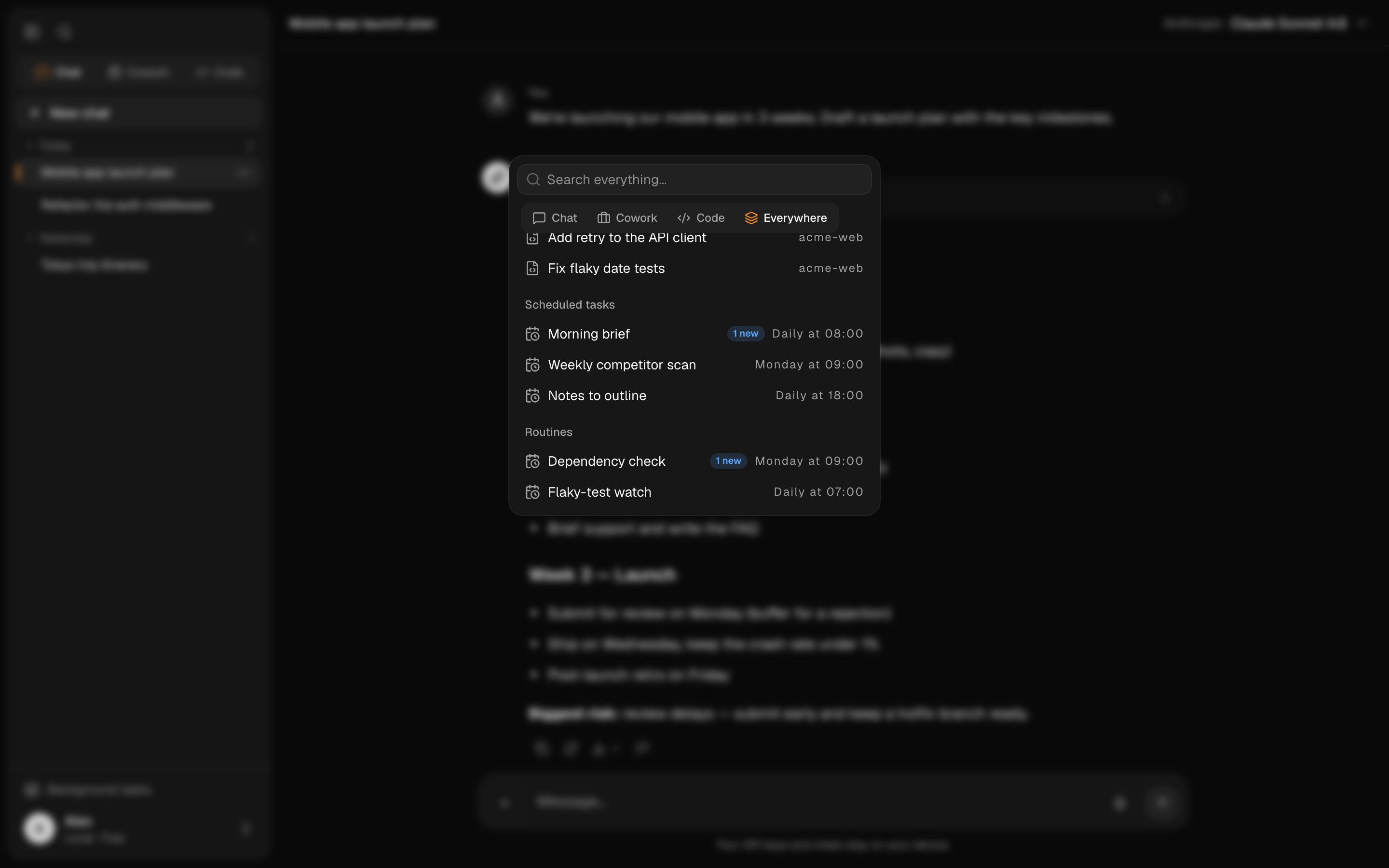 The command palette finding results across chats, sessions and routines