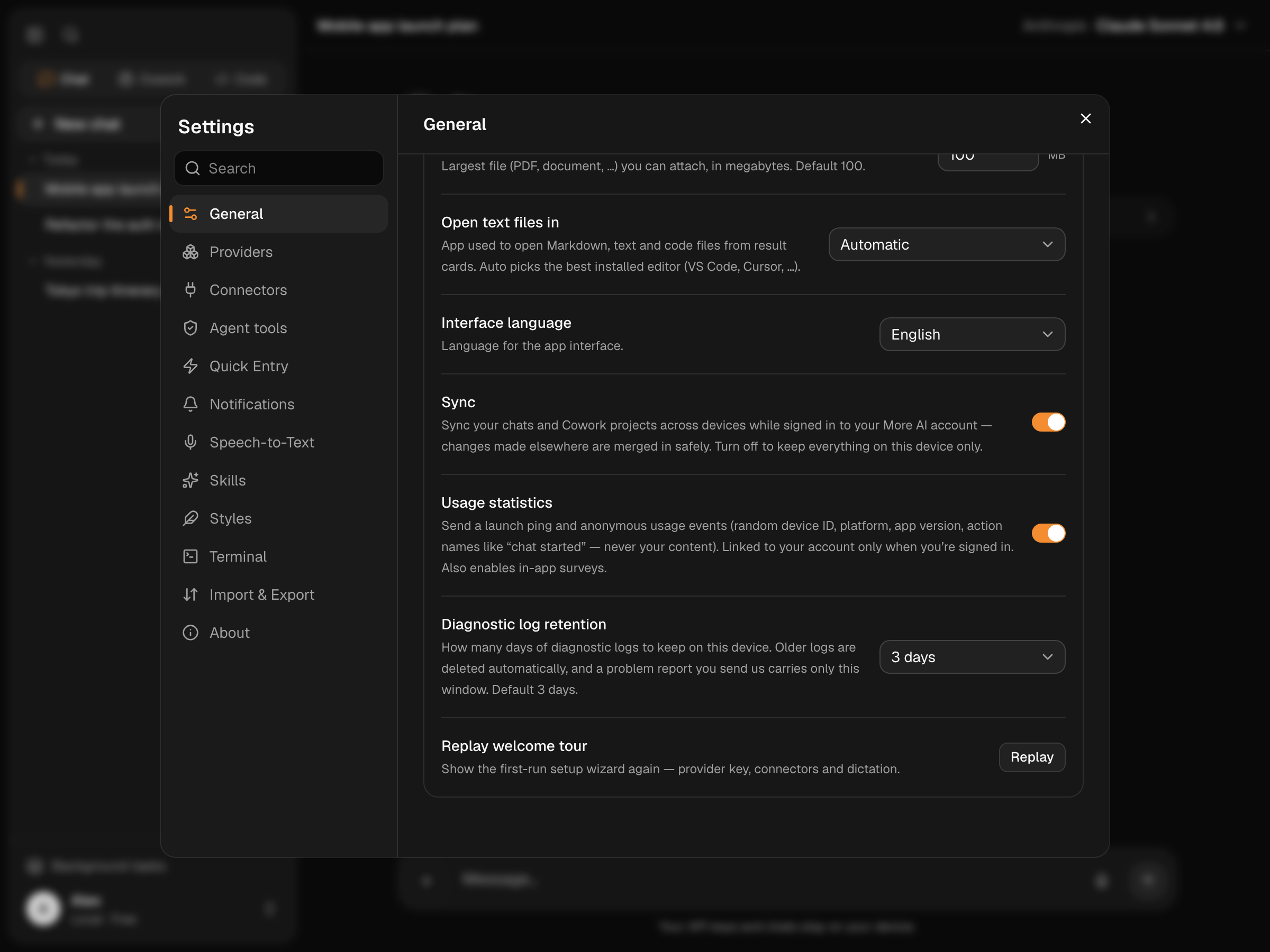 The Sync switch in Settings → General, turned on