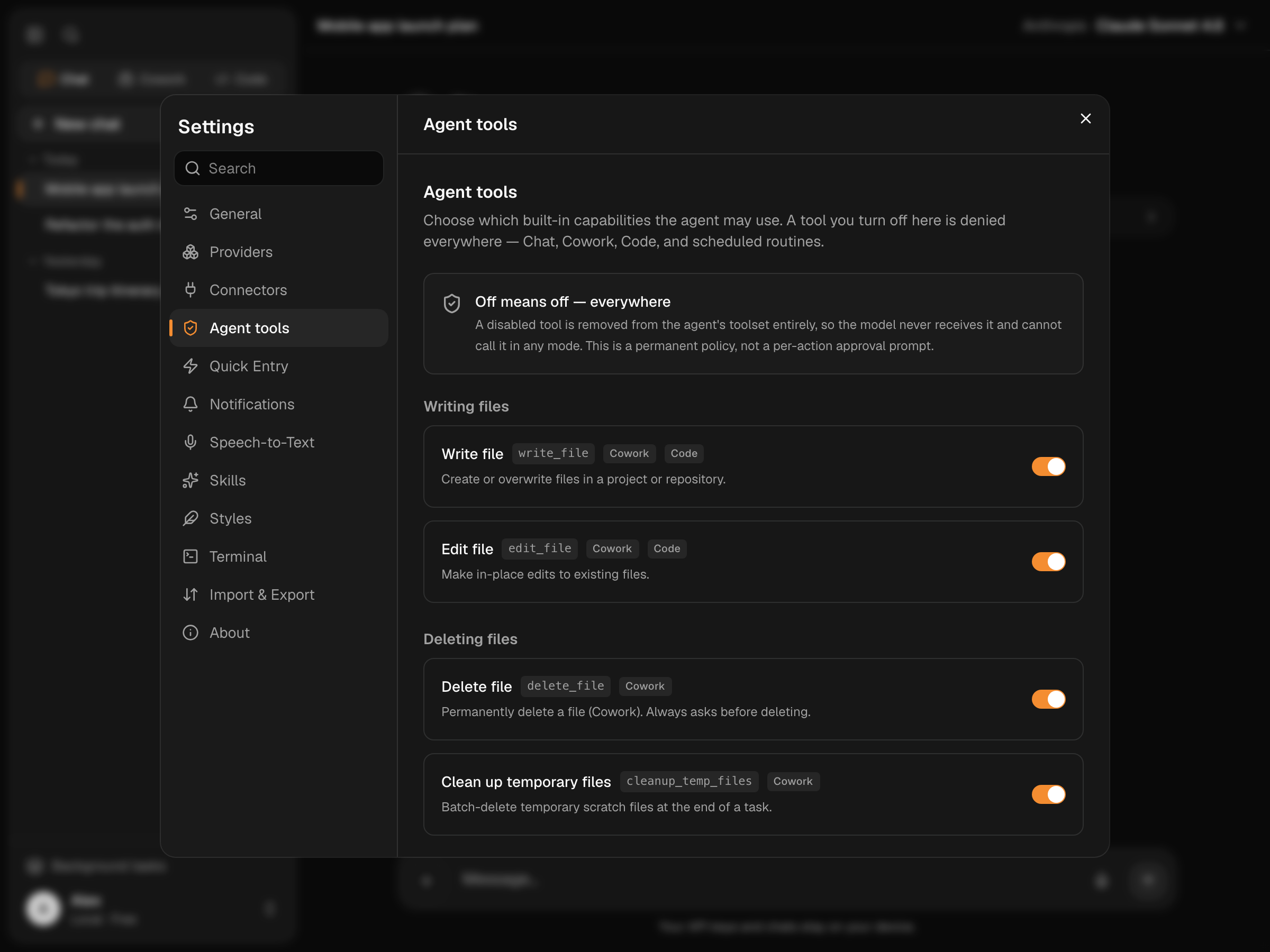 Settings → Agent tools with an on/off switch for each capability
